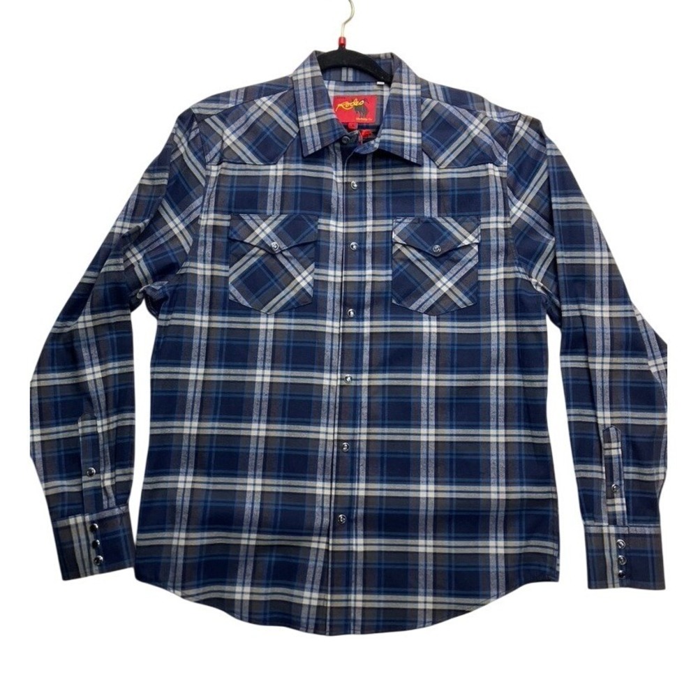 Rodeo Clothing Co Mens XL Blue Plaid Western‎ Snap Long Sleeve Shirt FLS300 NEW